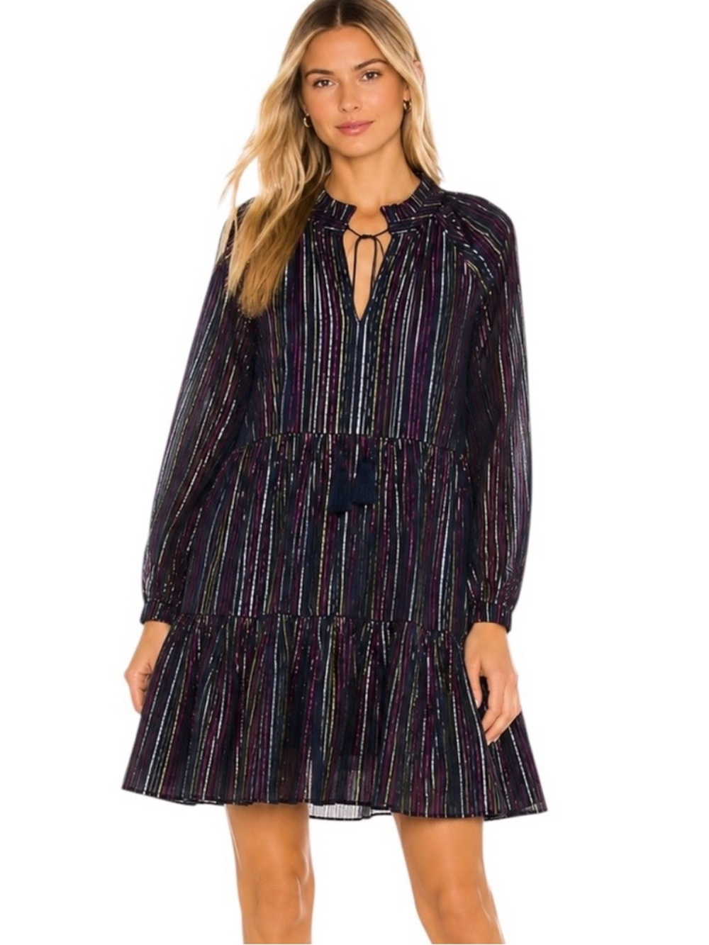 Roller Rabbit Janni Rainbow Lurex Stripe Tiered Dress Dark Navy Size XS NWT